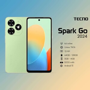 Tecno Spark Go 2024 smartphone in mint green color with specifications