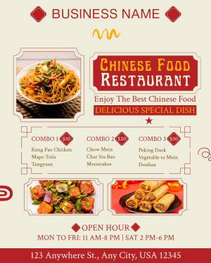 A promotional menu for a Chinese food restaurant featuring combo meals and dishes.
