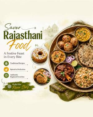A beautifully presented traditional Rajasthani thali featuring a variety of regional dishes like dal baati churma and meat curry on a brass plate.
