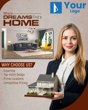 Real estate agent presenting a model home with a cozy living room in the background.