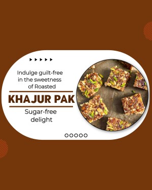 Close-up of Khajur Pak, a sugar-free date and nut sweet, presented in a promotional image.