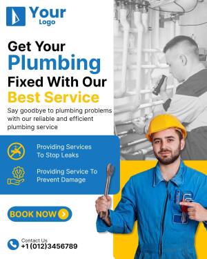 Plumbing service advertisement with a plumber and pipes