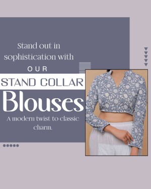Image of a woman wearing a stylish stand collar blouse with a patterned design.