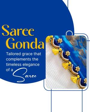 Close-up of a blue saree with yellow and black embellishments, promoting Saree Gonda.