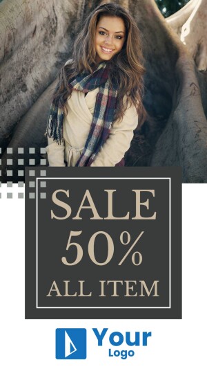 Woman wearing a scarf with a sale promotion banner