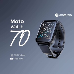 Motorola Moto Watch 70 smartwatch on a dark blue gradient background