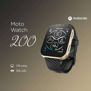 Close-up of the Motorola Moto Watch 200 smartwatch with a detailed watch face.