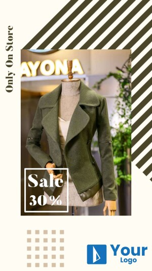 Olive green coat on a mannequin with a 30% sale promotion.