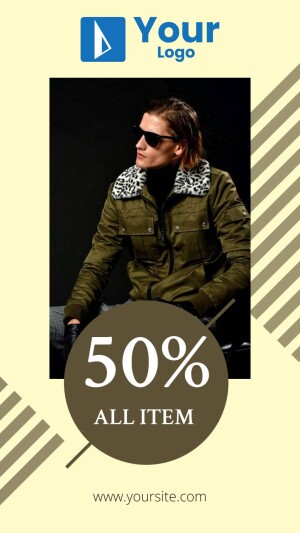 Man wearing a stylish jacket with a 50% off sale promotion.