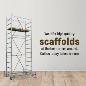 Image of a silver scaffold against a light beige wall with text advertising scaffold sales.