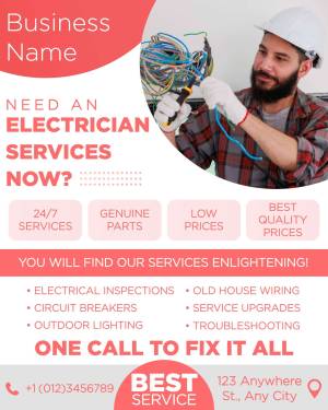 Advertisement for electrician services with an image of a professional working with wires.
