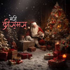 Santa Claus sitting with gifts near a Christmas tree
