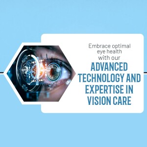 Close-up of an eye with digital technology overlay, promoting advanced vision care.