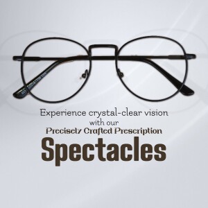 Close-up of black-rimmed round eyeglasses with text promoting clear vision.