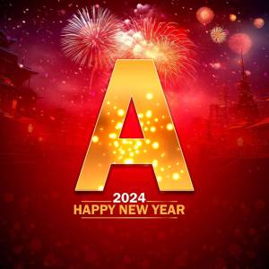 Golden letter 'A' with fireworks and 'Happy New Year 2024' text