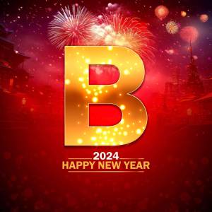 Golden letter 'B' with fireworks and 'Happy New Year 2024' text