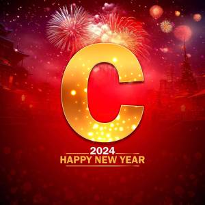 Golden letter 'C' with a fireworks display and 'Happy New Year 2024' text