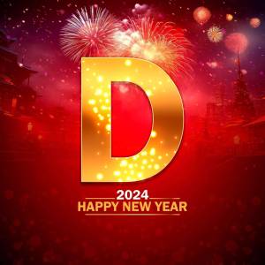 Golden letter 'D' with fireworks and 'Happy New Year 2024' text
