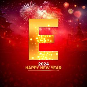 Golden letter 'E' with fireworks and 'Happy New Year 2024' text
