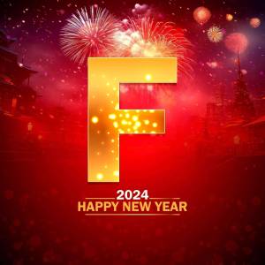 Golden 'F' with fireworks and New Year's greetings