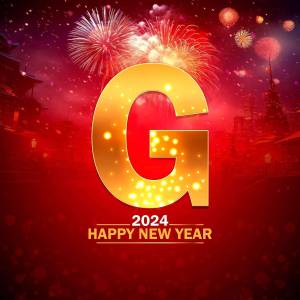 Golden letter 'G' with fireworks and New Year 2024 greeting