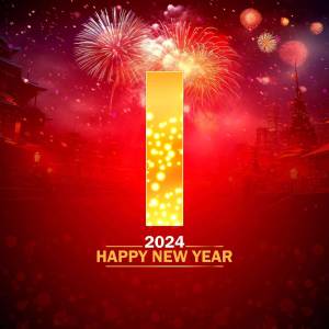 New Year 2024 celebration with fireworks and a golden 'I' symbol