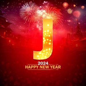 Golden letter J with fireworks and a New Year's celebration background