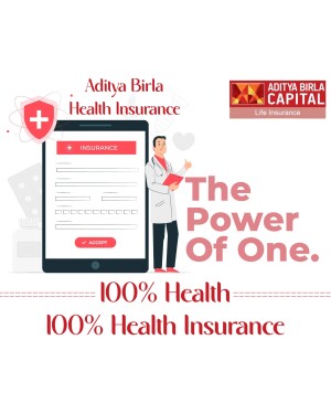 Aditya Birla Health Insurance advertisement featuring a doctor and mobile phone.