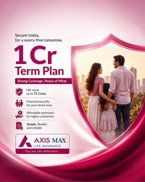 A family looking at a city skyline inside a pink shield graphic promoting Axis Max Life Insurance 1 Cr term plan
