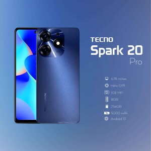 Tecno Spark 20 Pro smartphone with a blue gradient back and camera details.