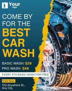 Advertisement for a car wash with pricing details and a car wheel covered in soap.