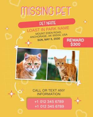 Missing pet poster featuring a ginger tabby cat with a reward offered.