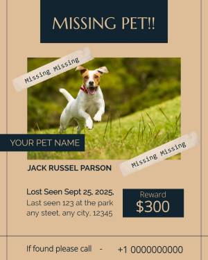 Missing dog poster featuring a Jack Russel Parson