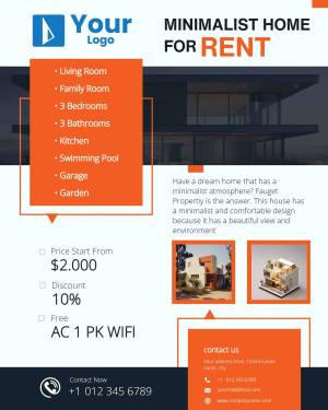 Rental advertisement for a minimalist style home with pool and modern amenities.