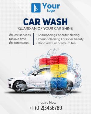 Promotional flyer for a car wash service with a car surrounded by cleaning brushes and water splashes.