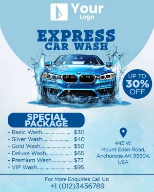 Advertisement for Express Car Wash with a blue car and discount offer.