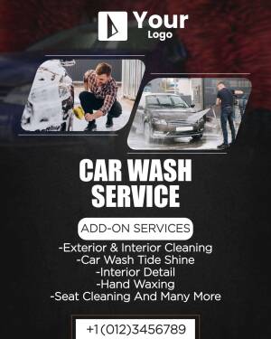 Promotional poster for car wash services with images of car cleaning and service details.