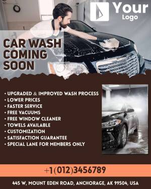 Advertisement for a new and improved car wash service with details on upgrades and contact information.