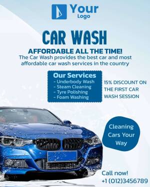 Flyer advertising car wash services with a blue car and discount offer.