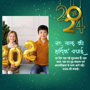 Two children holding golden '2024' balloons with a festive New Year background.