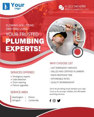 Plumber working on pipes with text advertising plumbing services