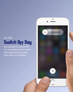 Smartphone with a power off screen and a hand reaching for it, promoting a digital detox day.