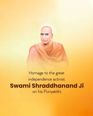 Portrait of Swami Shraddhanand Ji with text commemorating his Punyathithi