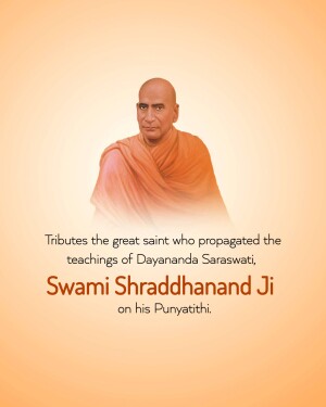 Portrait of Swami Shraddhanand Ji with text commemorating his Punyatithi