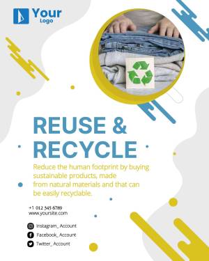 Image promoting reuse and recycling with hands sorting clothes and a recycle symbol.