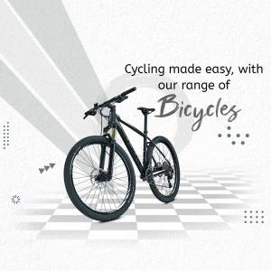 Black mountain bicycle on a light grey and white background with text promoting cycling.