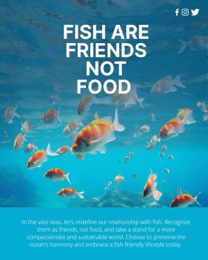 Underwater scene with colorful fish and text promoting fish conservation.
