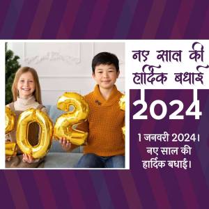 Two children holding golden '2024' balloons with New Year greetings in Hindi.