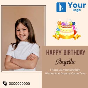 Birthday greeting card featuring a girl and a birthday cake