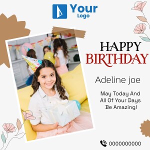 Birthday greeting card with a girl holding a gift.